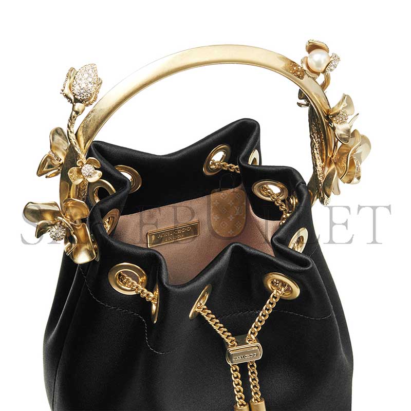JIMM YCHOO BON BON BLACK SATIN BUCKET BAG WITH METAL FLOWERS BONBONIFE010003 (15*14*9.5cm)
